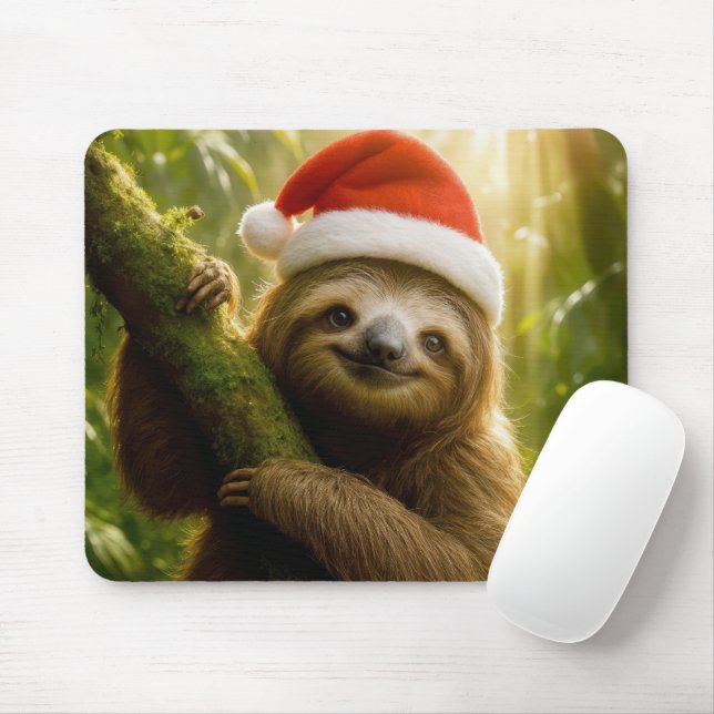 Mousepad Cute Sloth Wearing a Santa Hat (Com mouse)
