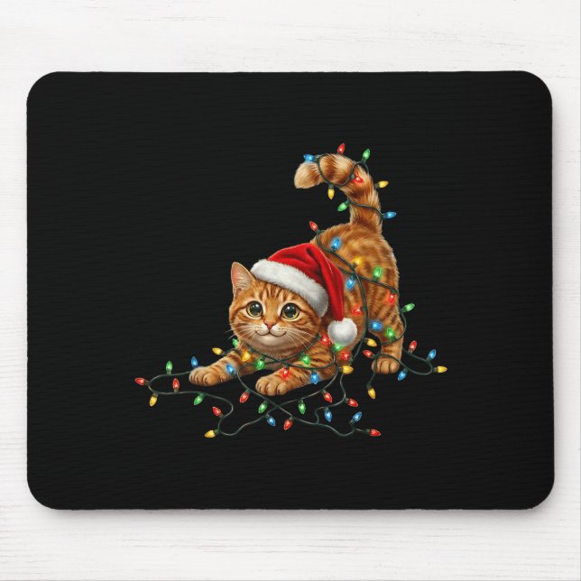 Mousepad Cute Tabby Cat Christmas Funny Lights Xmas Cat In  (Frente)