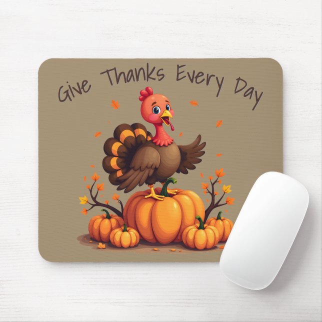 Mousepad Cute Thanksgiving Turkey Autumn Pumpkins Scene (Com mouse)