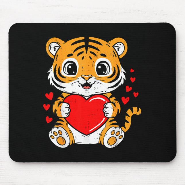 Mousepad Cute Tiger Holding Heart Kawaii Valentines Day Men (Frente)