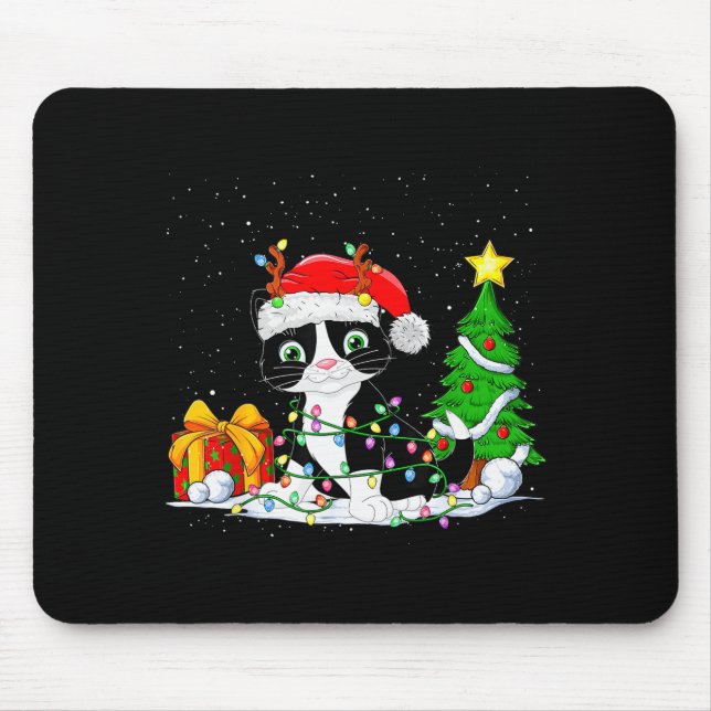 Mousepad Cute Tuxedo Cat Santa Christmas Tree Lights Xmas T (Frente)