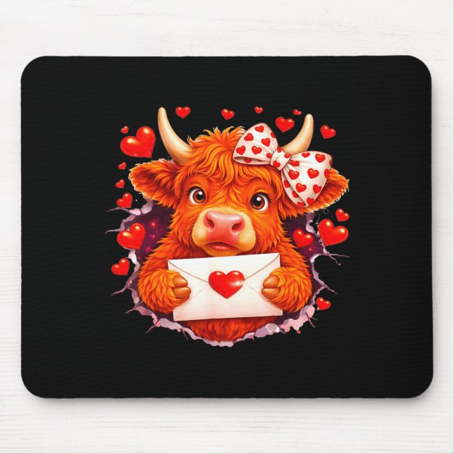 Mousepad Cute Valentine Highland Cow With Heart Bow Western (Frente)