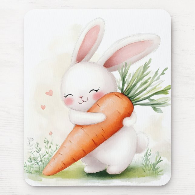 Mousepad Cute Watercolor Spring Bunny Carrot (Frente)