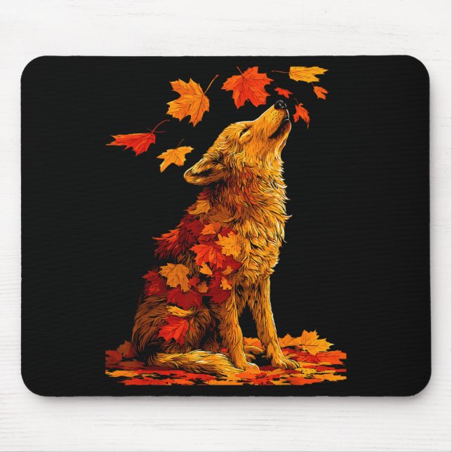 Mousepad Cute Wolf With Fall Leaves Forest Animal Autumn Ae (Frente)