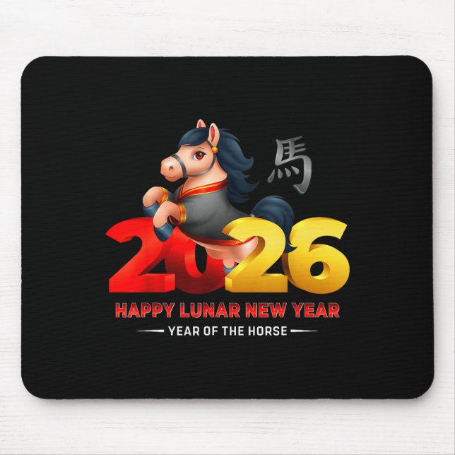 Mousepad Cute Year Of The Horse -black Fun Happy Lunar New  (Frente)