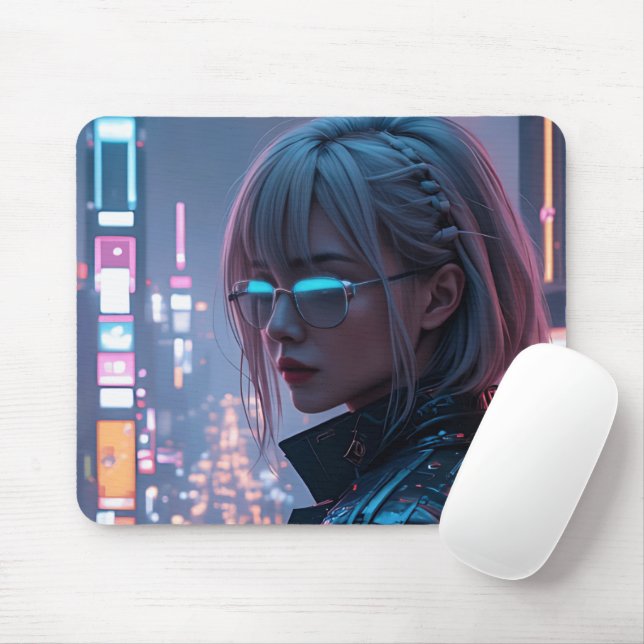 Mousepad Cyberpunk Cityscape Poster Futurística Female Hack (Com mouse)