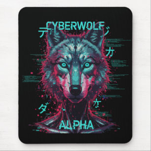 Mousepad Cyberwolf Alpha Lobo Futurista Neon Cyberpunk