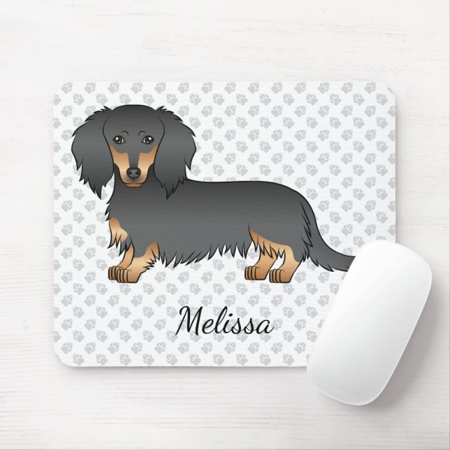 Mousepad Dachshund Cartoon de Cabelo Comprido Preto e Casta (Com mouse)