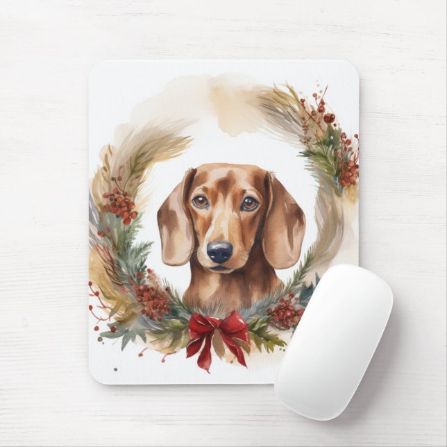 Mousepad Dachshund Christmas Wreath Festivo Pup (Com mouse)