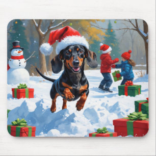 Mousepad Dachshund Correndo em Neve com Chapéu de Natal