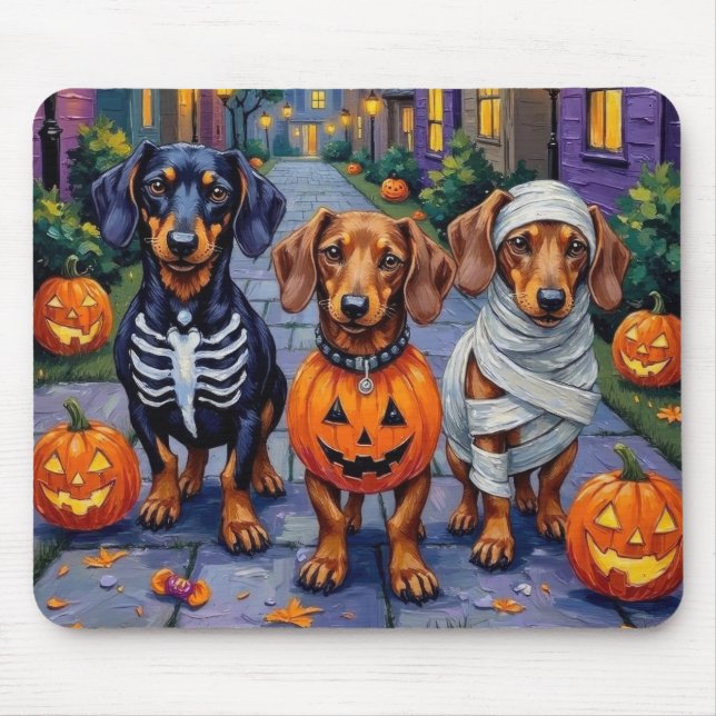 Mousepad Dachshund Dogs Trick-or-Tratating in Halloween (Frente)