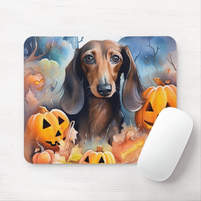 Mousepad Dachshund Halloween Com Pumpkins Assustado (Com mouse)