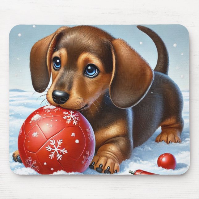 Mousepad Dachshund Puppy Adorável Brincando Com Bola Vermel (Frente)
