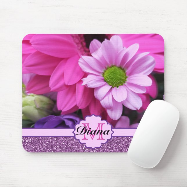 Mousepad Dahlia Rosa Flores Roxo Glitter Nome Floral (Com mouse)