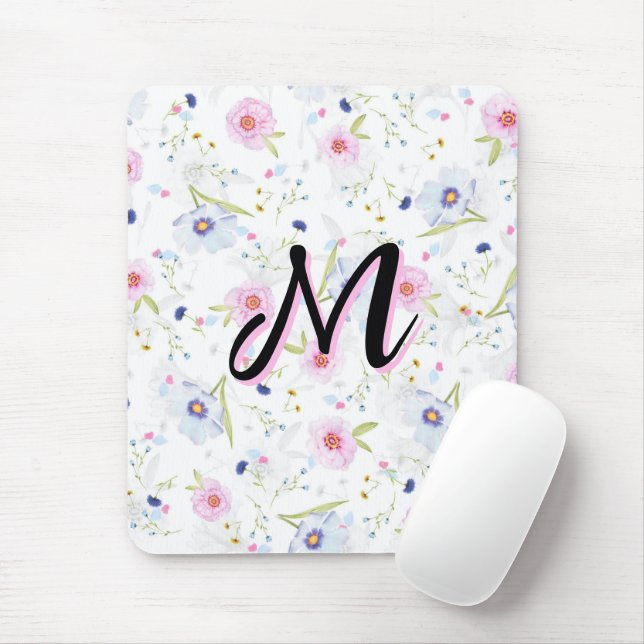 Mousepad Dainty Wildflower Script Monograma M Coquette (Com mouse)