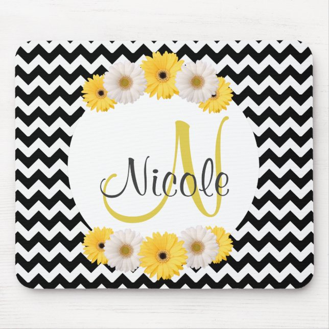 Mousepad Daisy de Chevron branco preto personalizado (Frente)