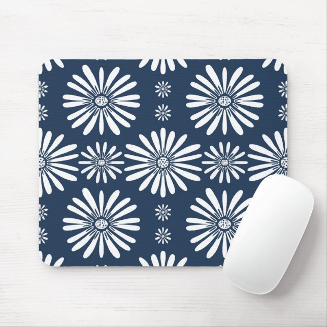 Mousepad Daisy Floral Azulejo Padrão Azul Branco (Com mouse)