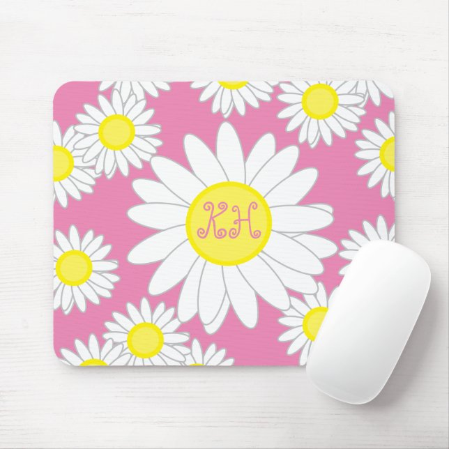 Mousepad Daisy Monograma Cor-de-rosa branco e amarelo (Com mouse)