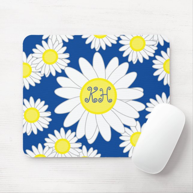 Mousepad Daisy Monograma Marinho Azul Branco e Amarelo (Com mouse)