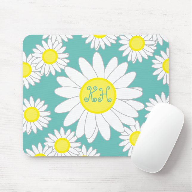 Mousepad Daisy Monograma Teal Green White e Amarelo (Com mouse)