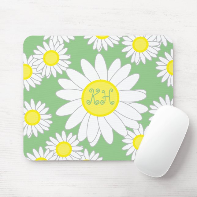 Mousepad Daisy Monograma Verde Branco e Amarelo (Com mouse)