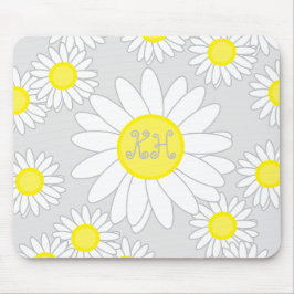 Mousepad Daisy Monogramas Cinzas prateadas brancas e amarel