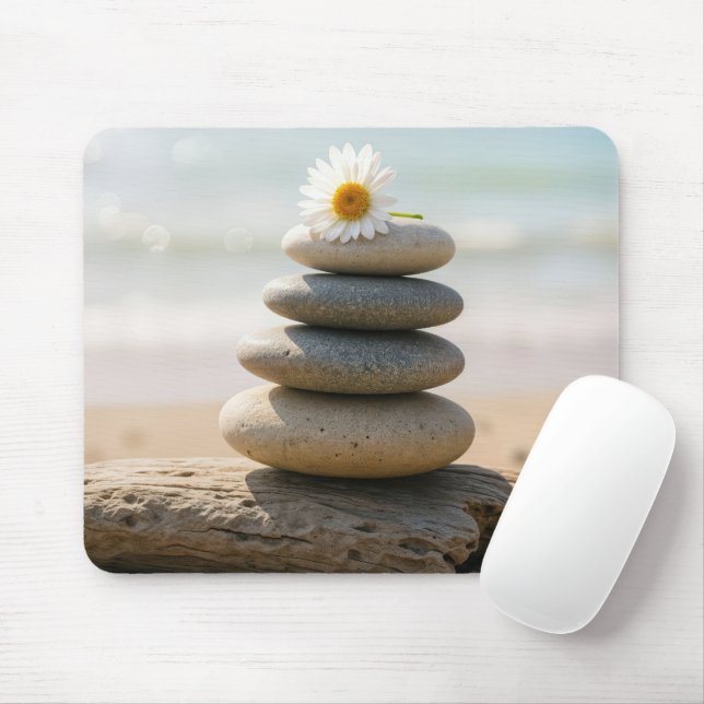 Mousepad Daisy on a Stone Beach Cairn and Driftwood (Com mouse)