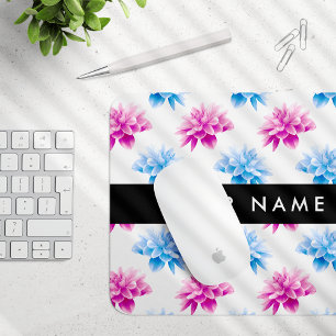 Mousepad Dália Rosa e Azul, Padrão Floral, Seu Nome