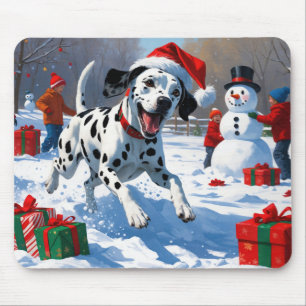 Mousepad Dálmata Correndo na Neve com Chapéu de Natal
