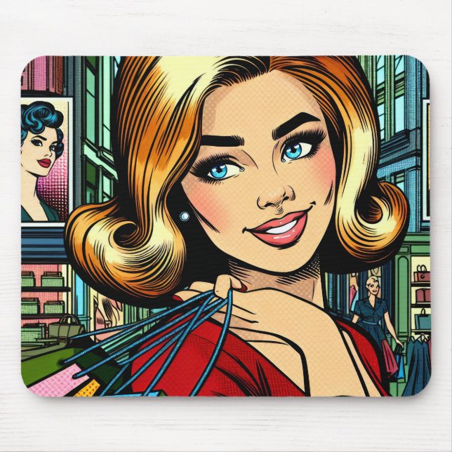 Mousepad Dama Retro com Sacolas de Compras Meados do Século (Frente)