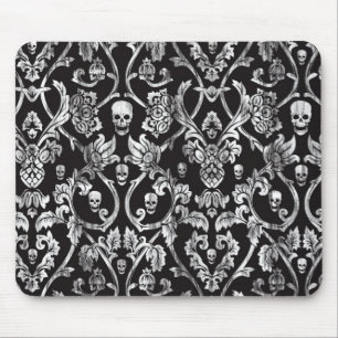 Mousepad Damasco afligido preto e branco do crânio