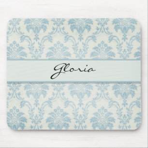 Mousepad Damasco azul macio com etiqueta branca