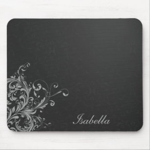 Mousepad Damasco branco preto elegante com flor