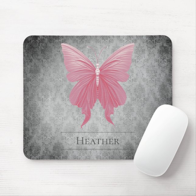 Mousepad Damasco de Borboleta Rosa (Com mouse)