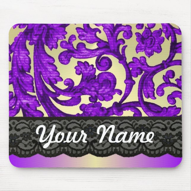 Mousepad Damasco de rendas roxo e dourado (Frente)