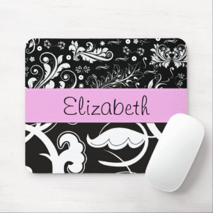 Mousepad Damasco francês, flores, preto e branco, seu nome