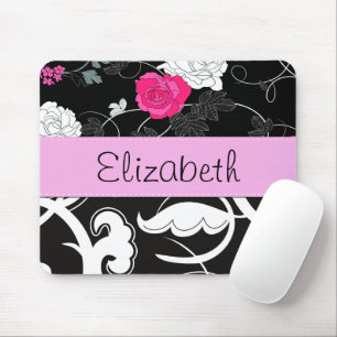Mousepad Damasco francês, flores, preto e branco, seu nome