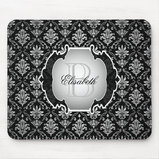 Mousepad Damasco preto e branco do monograma (Frente)