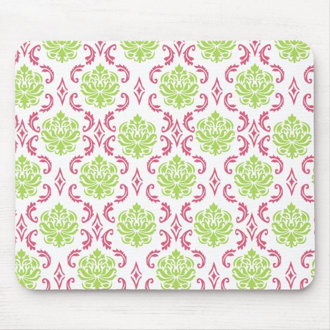 Mousepad Damasco rosa quente e verde (Frente)