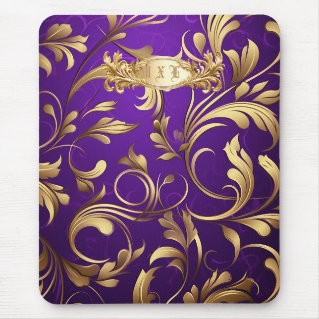 Mousepad Damasco Roxo e Dourado Monograma (Frente)