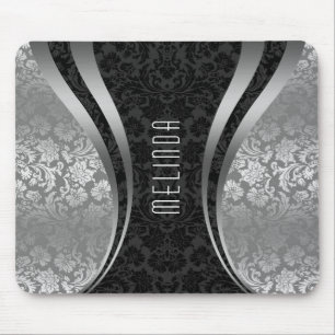 Mousepad Damascos Florais de Cinzas Negra e Silver Elegante
