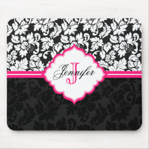 Mousepad Damascos Florais Pretos Brancos e Rosa Vintados 2