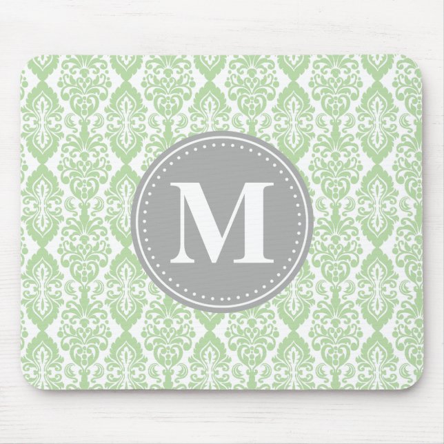 Mousepad Damask in Mint Green Cinza Monograma (Frente)
