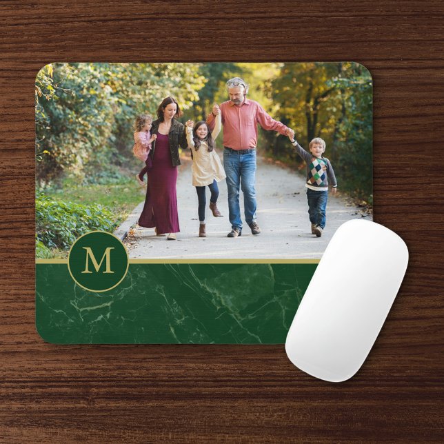 Mousepad Dark Green Marble Tan Monogram Family Photo (Criador carregado)