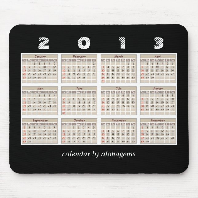 Mousepad de calendário 2013 Simples e Limpo (Frente)