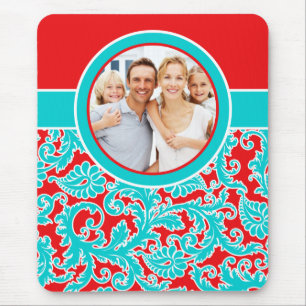 Mousepad de foto de Damasco Azul, Vermelho e Branc