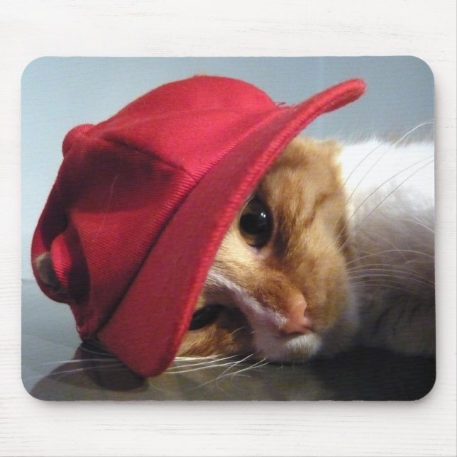 Mousepad de Gato Fofo Vestindo Boné Vermelho (Frente)