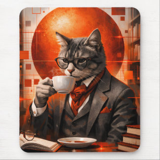 Mousepad de Gato Sofisticado Bebendo Café