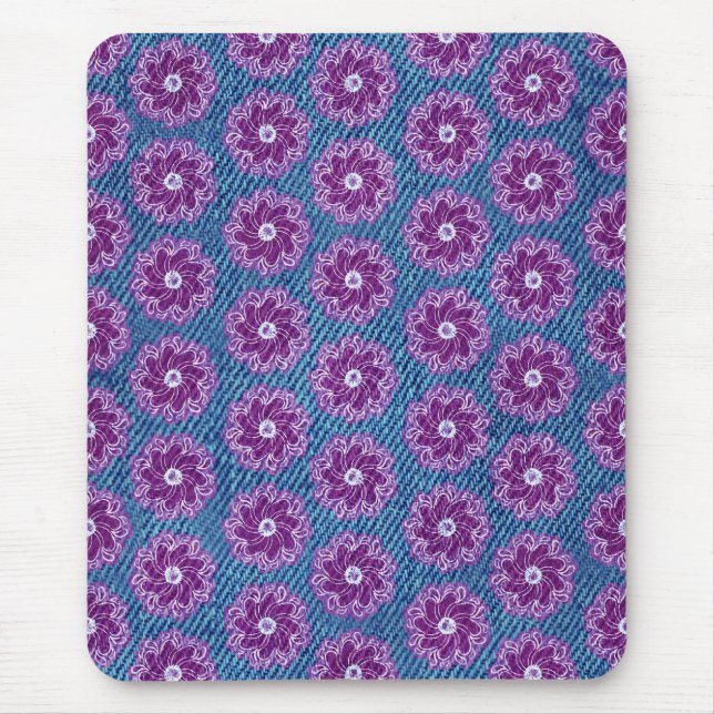 Mousepad de jeans e flores rosa e azul (Frente)