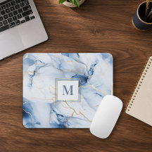 Mousepad de Monograma de Mármore Azul Branco Doura